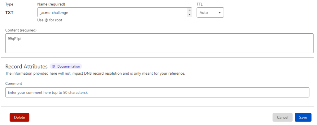 Adding TXT record to dns